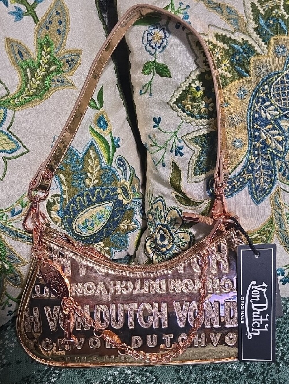 Von Dutch Metallic Rose Gold Embossed Mini Hobo and Logo Shoulder Bag